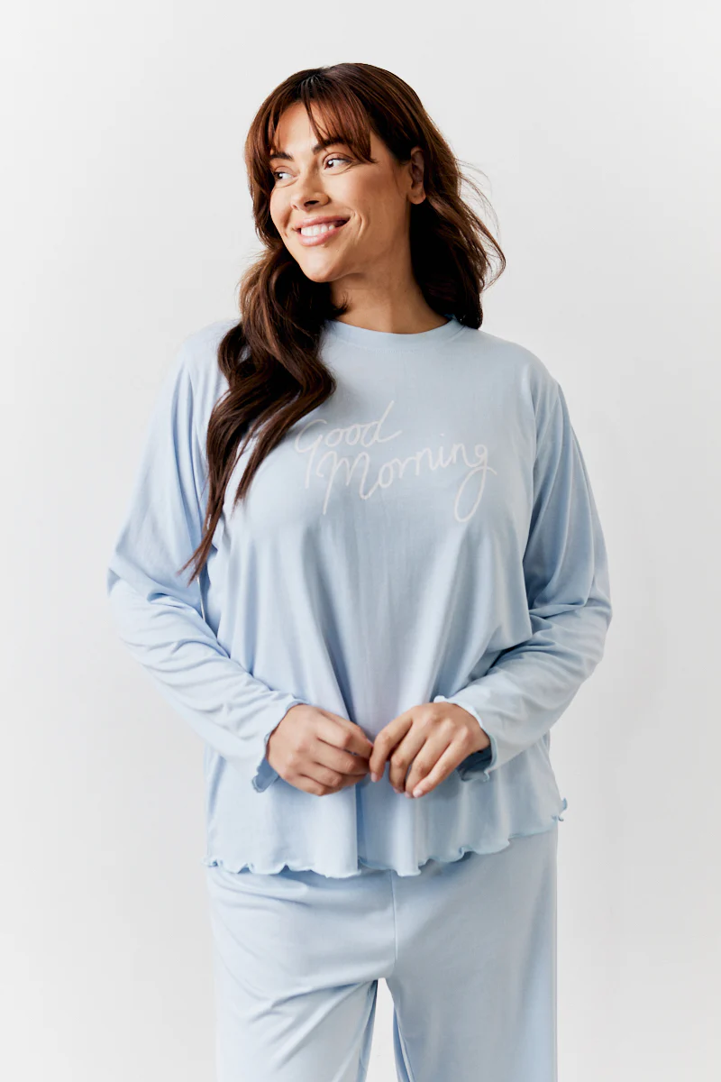 Blue Lettuce Hem Slogan Long Sleeve Top and Trouser PJ Set - Image 8