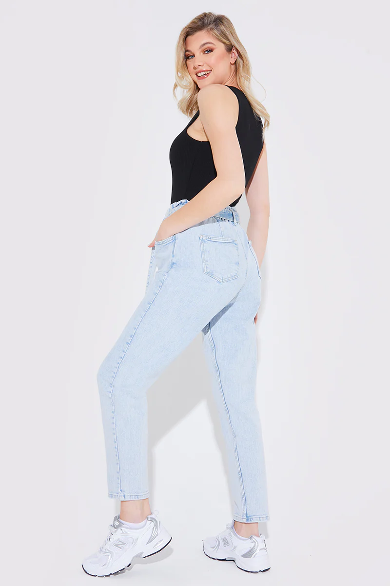 Light Wash Paperbag Tie Waist Jeans - Image 14
