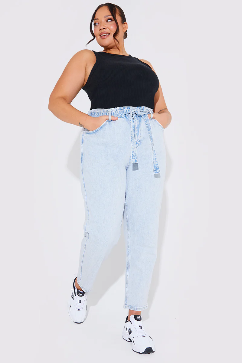 Light Wash Paperbag Tie Waist Jeans - Image 15