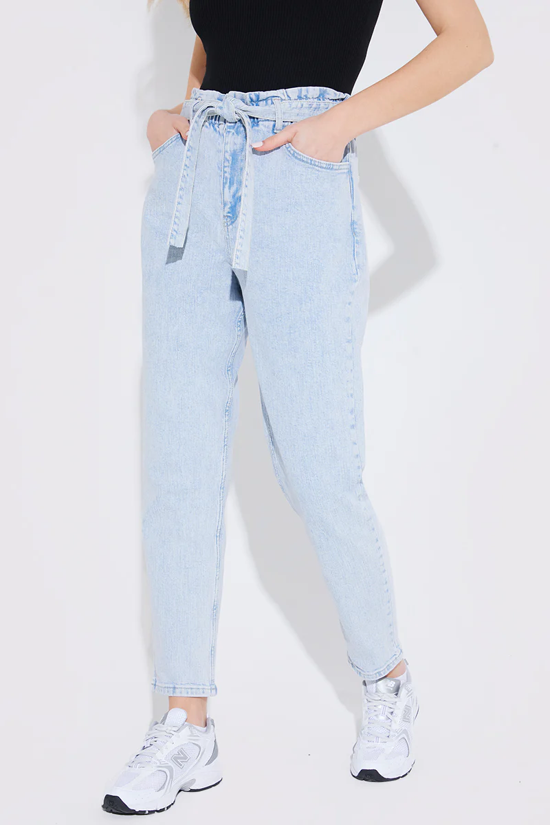 Light Wash Paperbag Tie Waist Jeans - Image 17