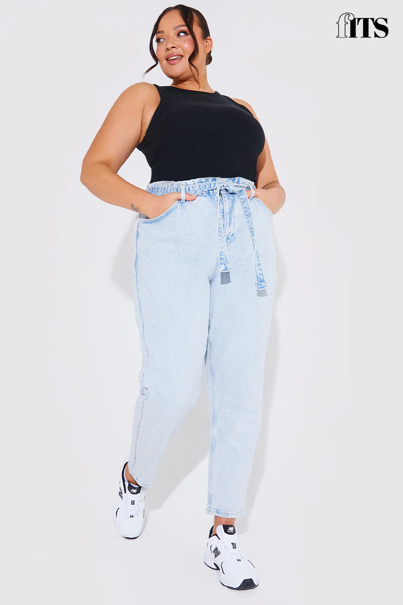 Light Wash Paperbag Tie Waist Jeans - Image 23
