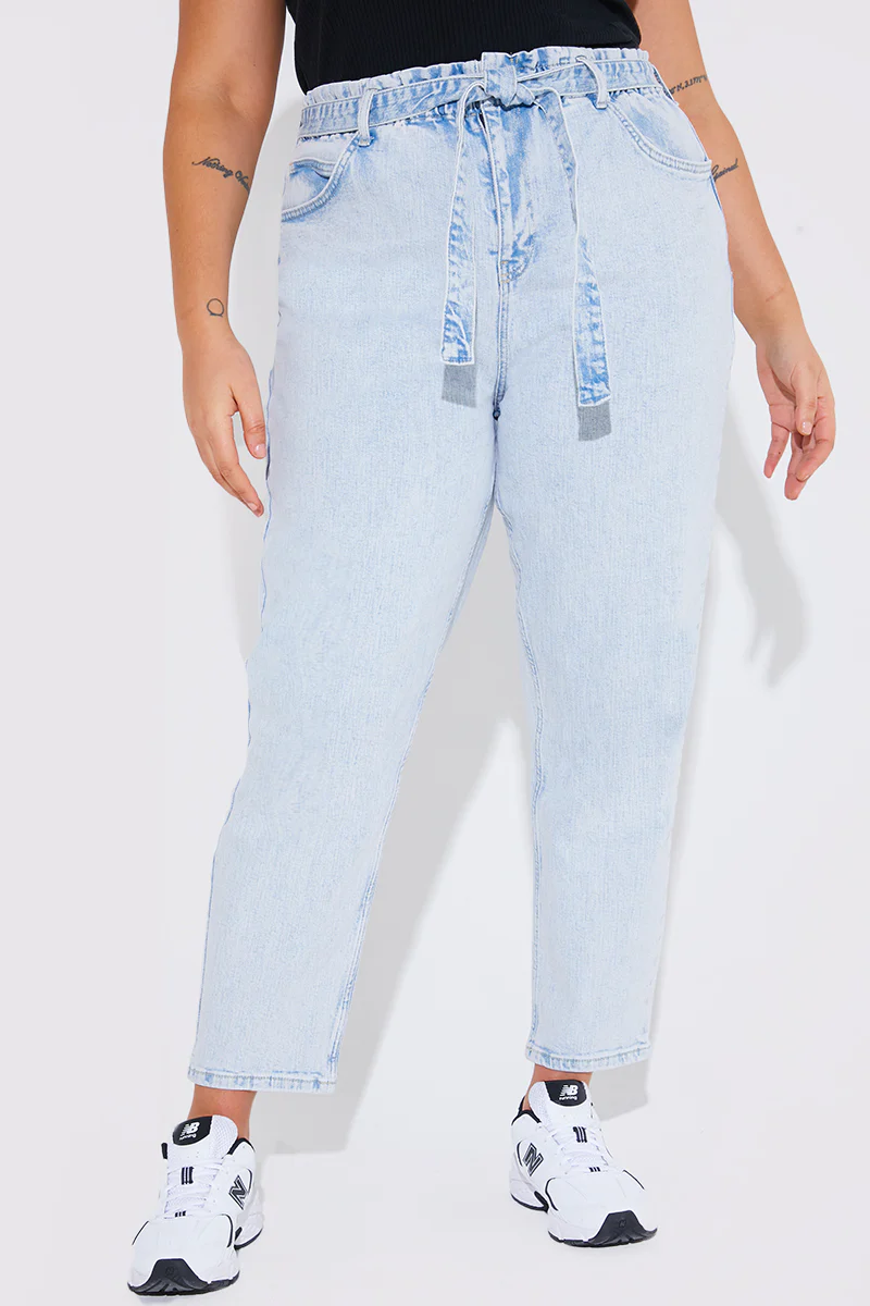 Light Wash Paperbag Tie Waist Jeans - Image 9