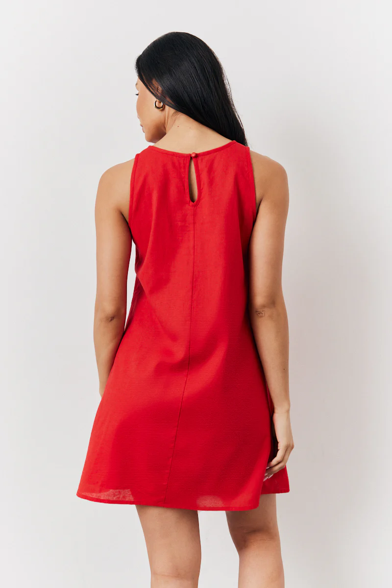 Red Linen A-Line Mini Dress - Image 3