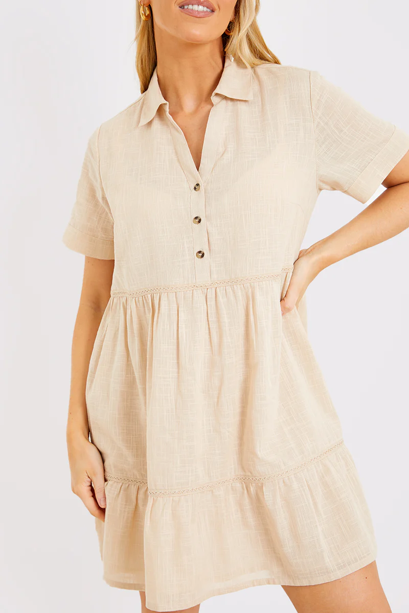 Linen Blend Trim Detail Collared Smock Dress - Image 3