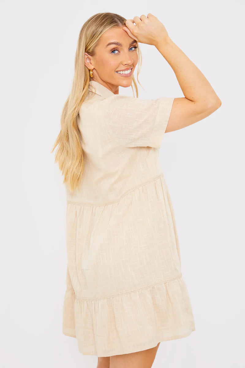Linen Blend Trim Detail Collared Smock Dress - Image 4