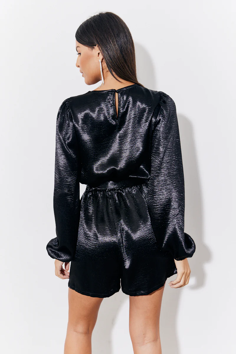 Black Liquid Satin Belted Detail Playsuit - Image 3
