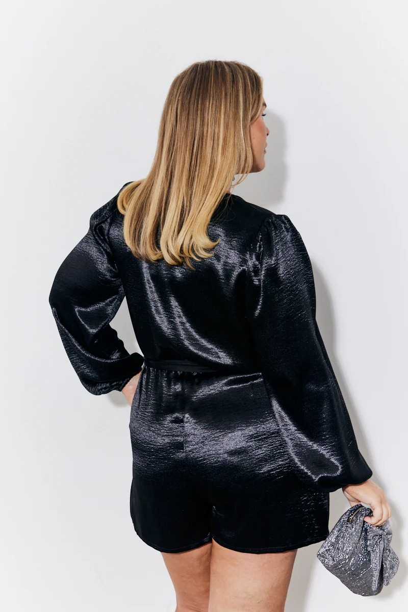Black Liquid Satin Belted Detail Playsuit - Image 7