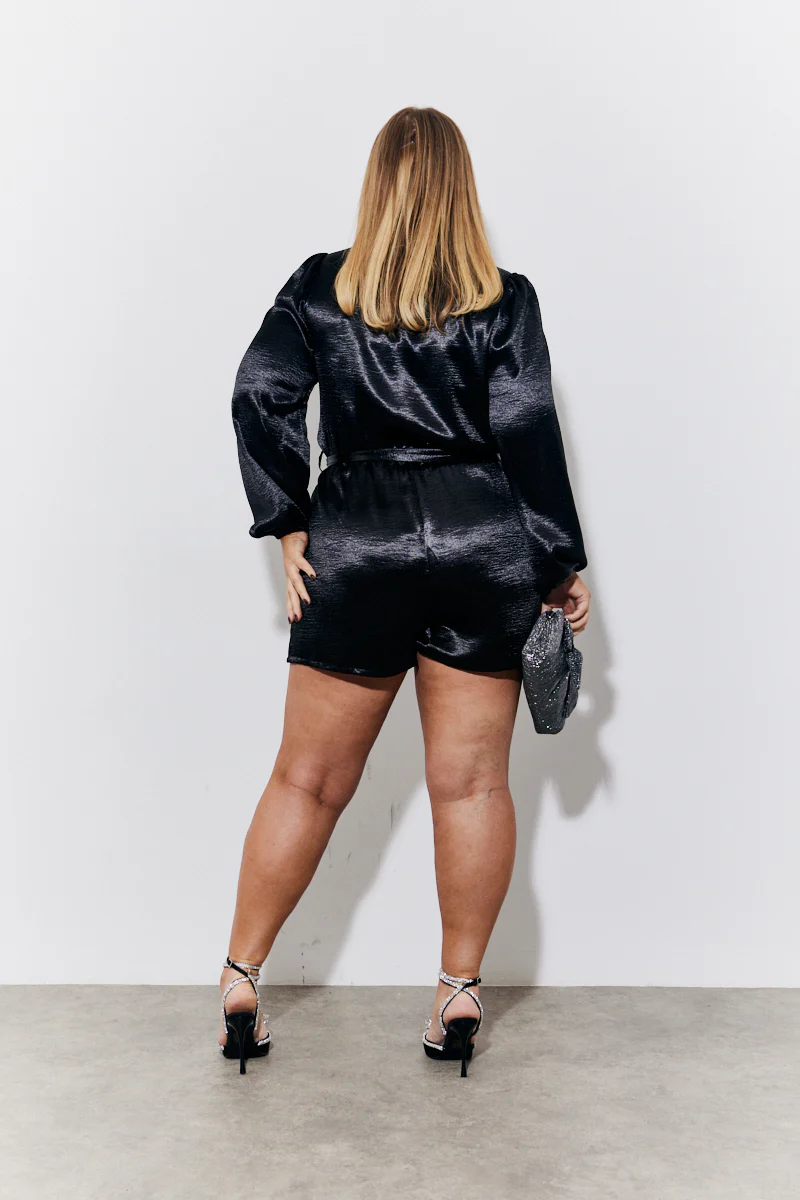 Black Liquid Satin Belted Detail Playsuit - Image 8
