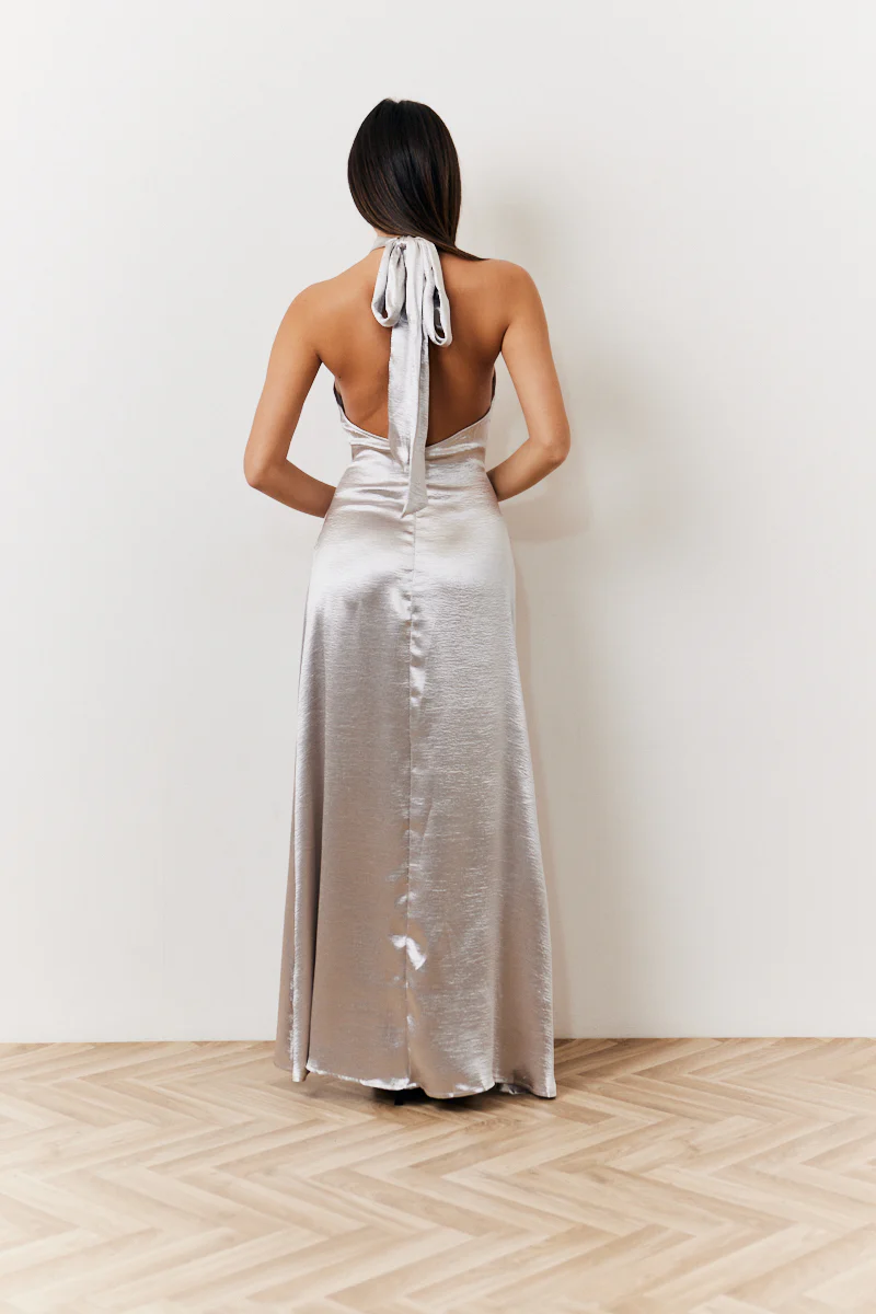Silver Liquid Satin Halterneck Split Detail Maxi Dress - Image 3