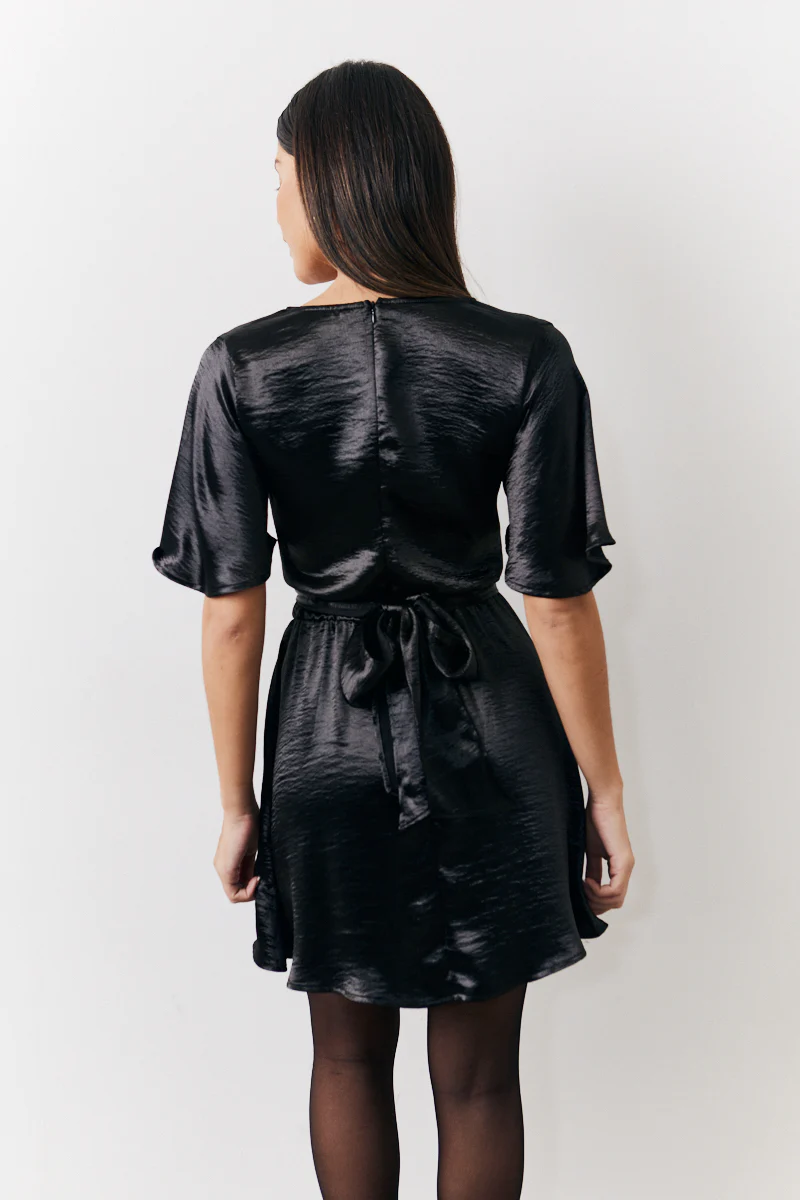 Black Liquid Satin Wrap Front Detail Mini Dress - Image 2