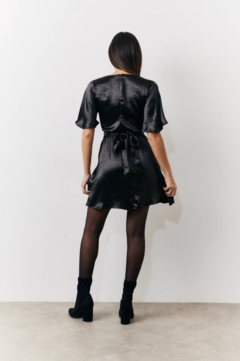 Black Liquid Satin Wrap Front Detail Mini Dress - Image 3