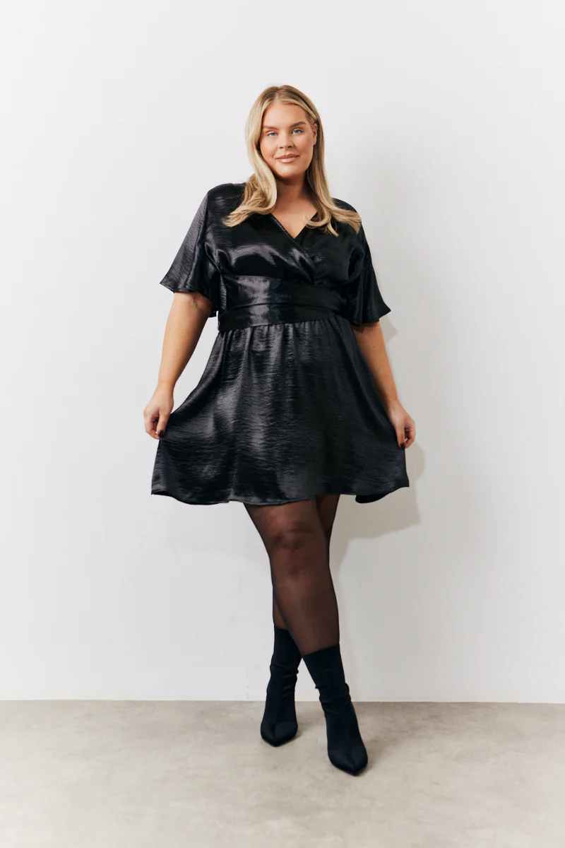 Black Liquid Satin Wrap Front Detail Mini Dress - Image 5