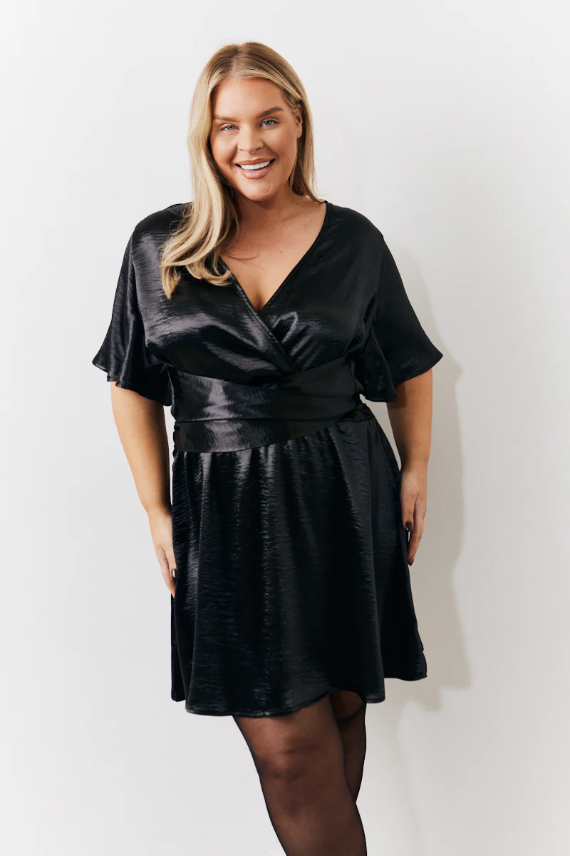 Black Liquid Satin Wrap Front Detail Mini Dress - Image 6