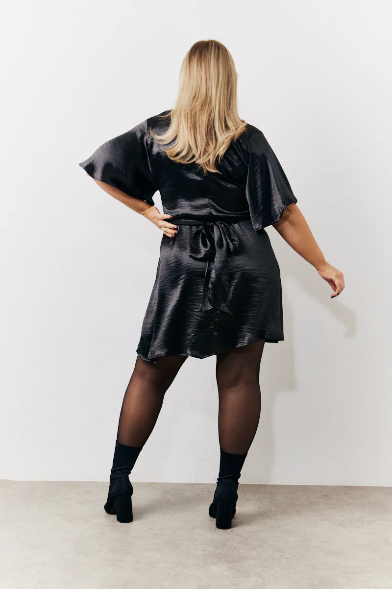 Black Liquid Satin Wrap Front Detail Mini Dress - Image 7