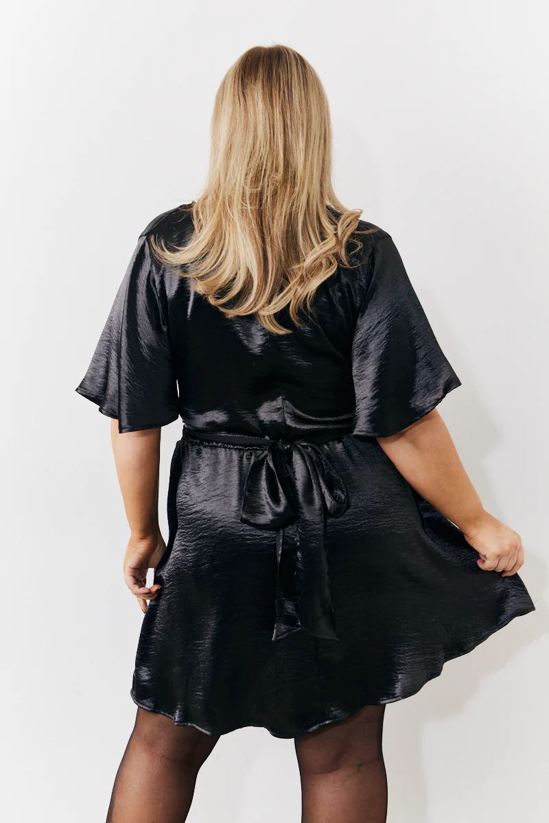 Black Liquid Satin Wrap Front Detail Mini Dress - Image 8