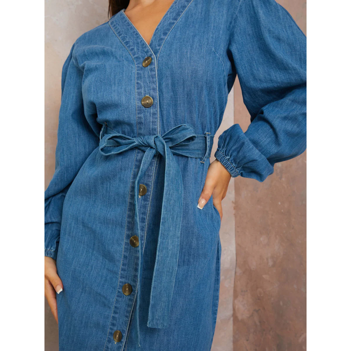 Long Sleeve Denim Shirt Dress in Blue - Image 4