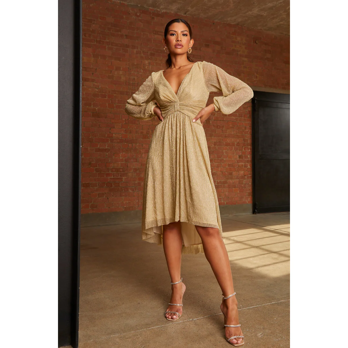 Long Sleeve Glitter Plisse Wrap Midi Dress in Gold - Image 2
