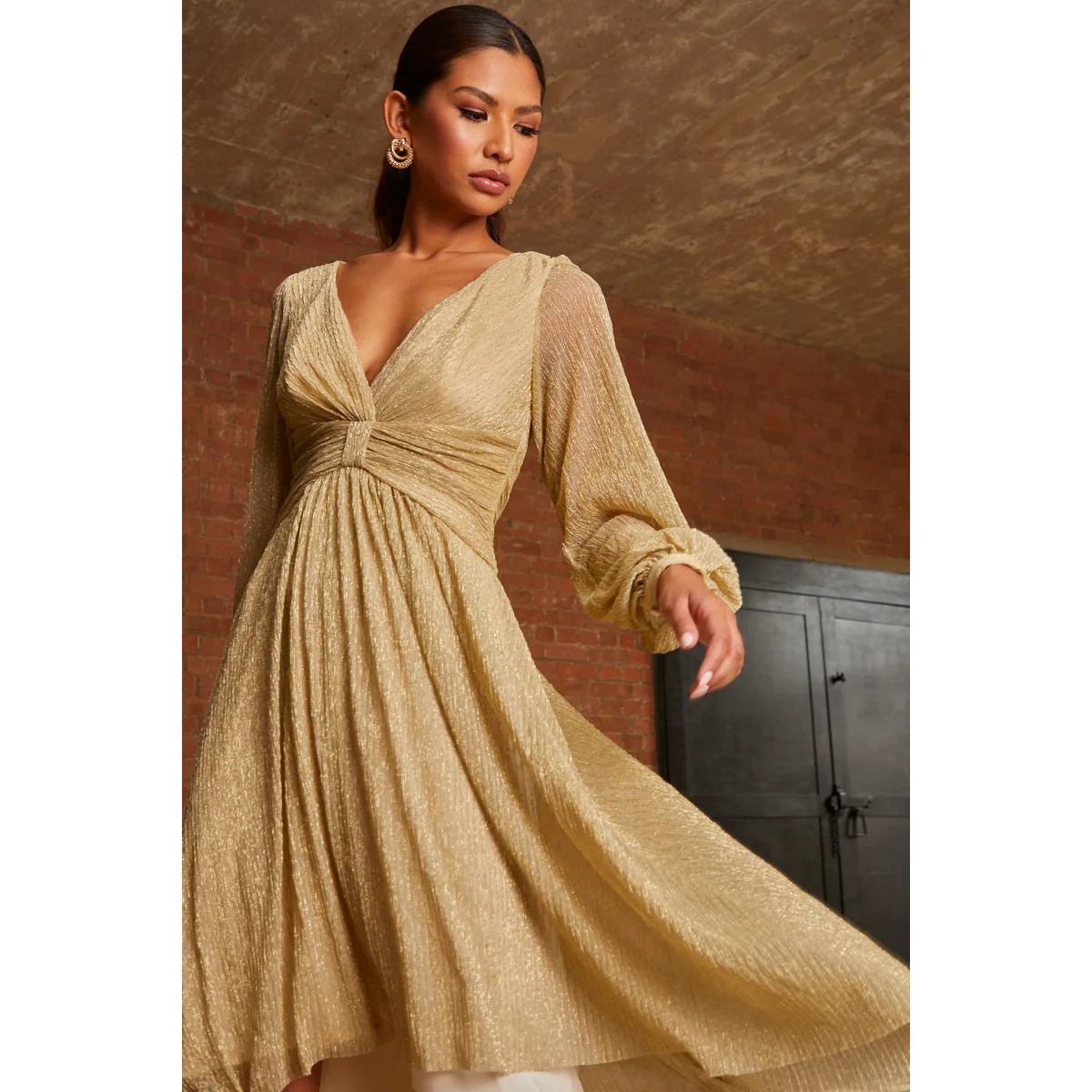 Long Sleeve Glitter Plisse Wrap Midi Dress in Gold - Image 3