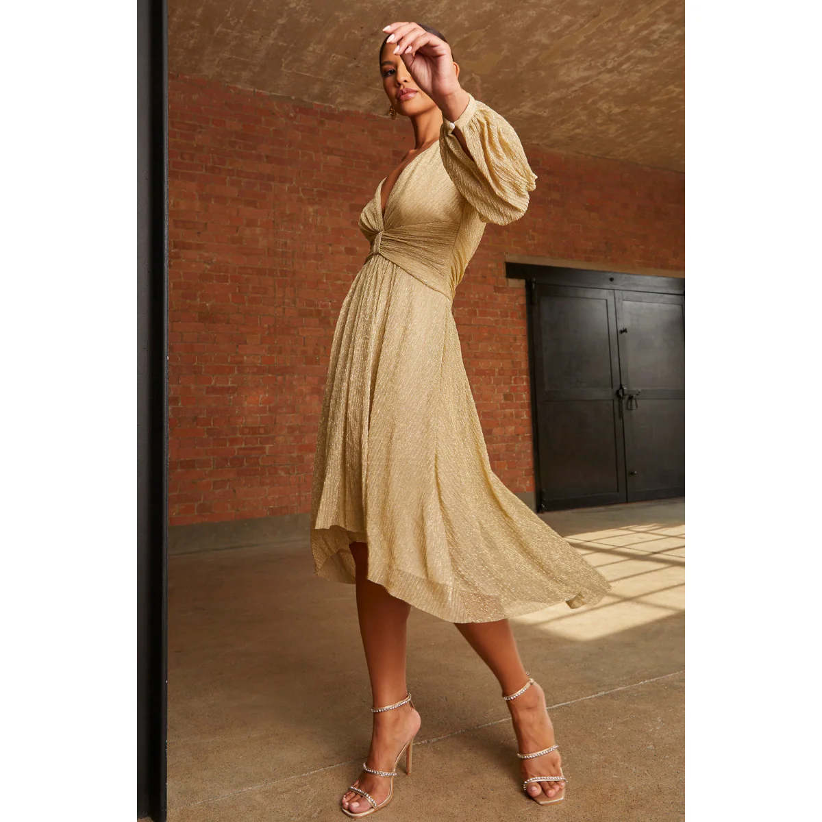Long Sleeve Glitter Plisse Wrap Midi Dress in Gold - Image 4
