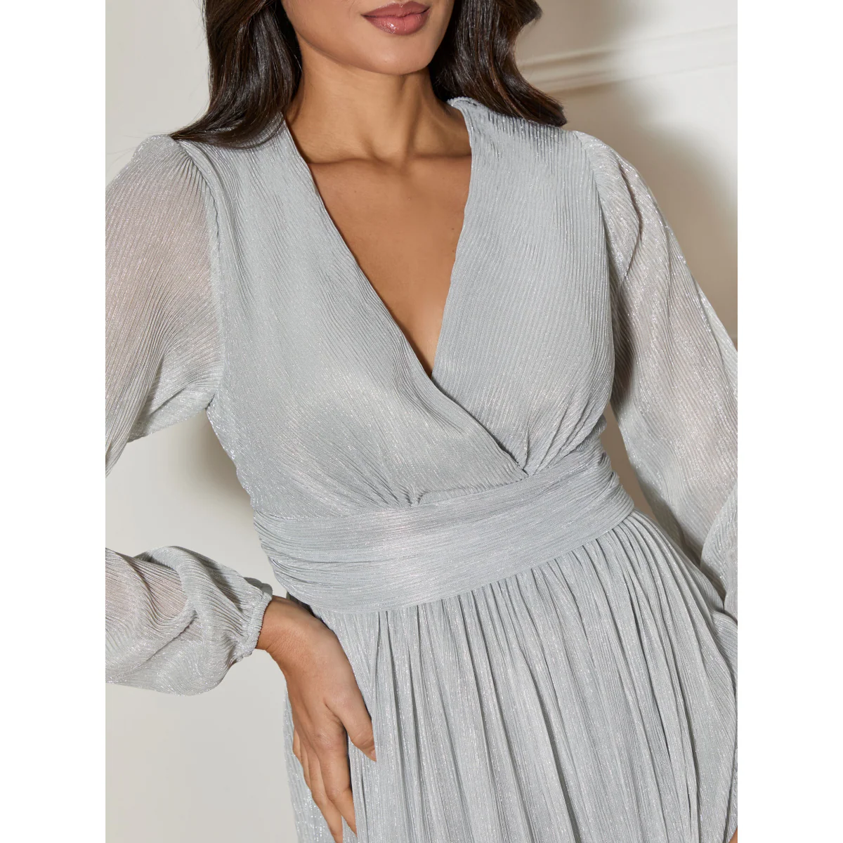 Long Sleeve Glitter Plisse Wrap Midi Dress in Silver - Image 5