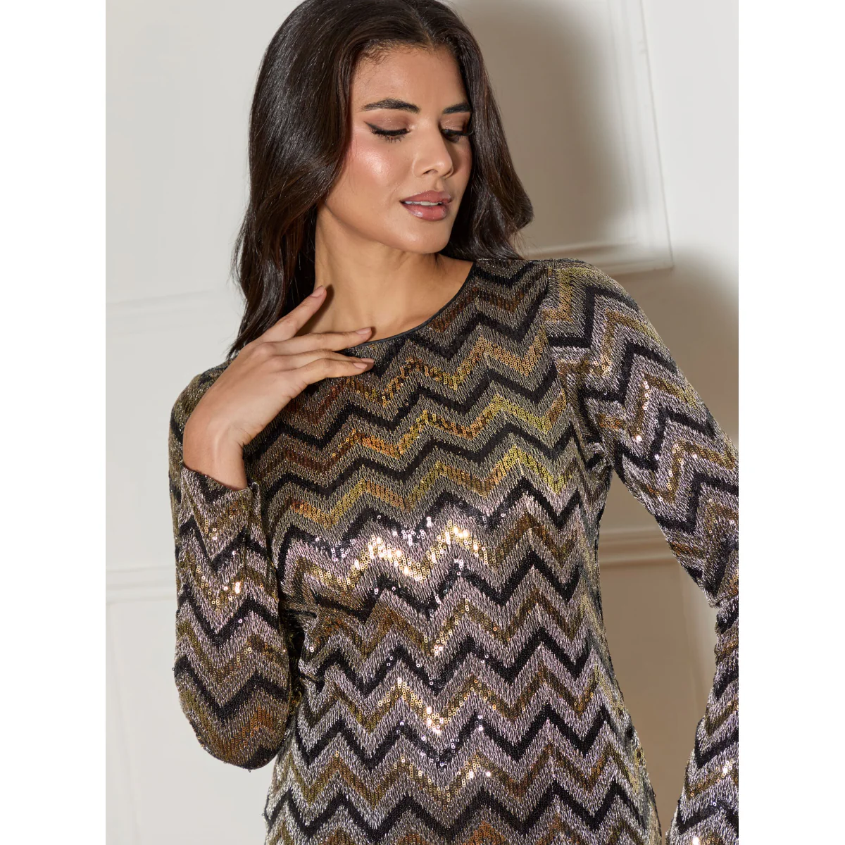 Long Sleeve Sequin Mini Dress in Multi - Image 3