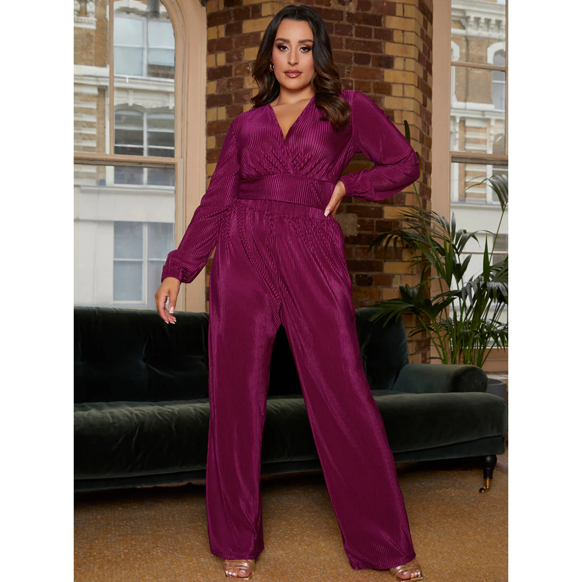Long Sleeve Wrap Detail Plisse Top in Berry - Image 2