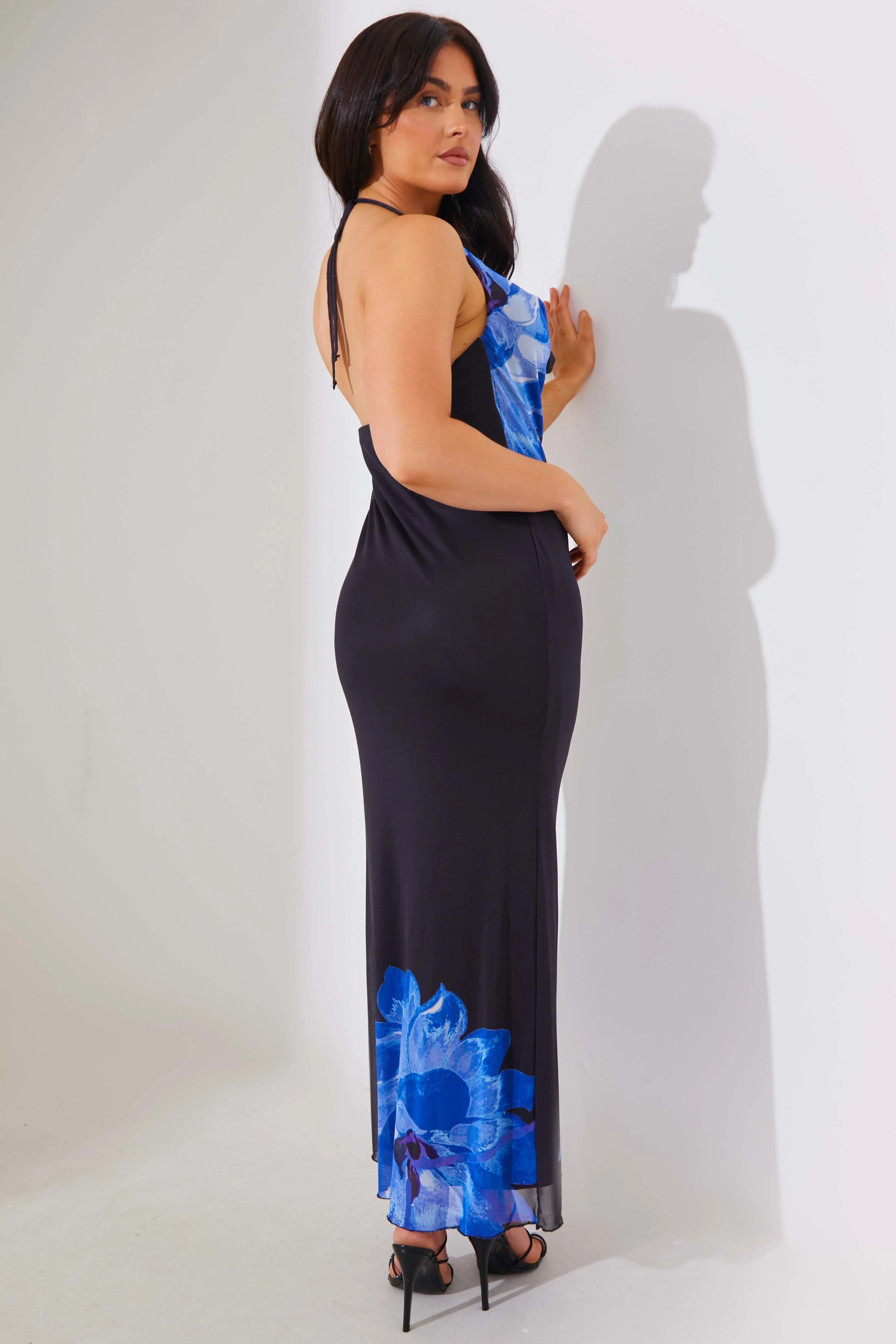 Mesh Floral Halterneck Cowl Maxi Dress - Image 3
