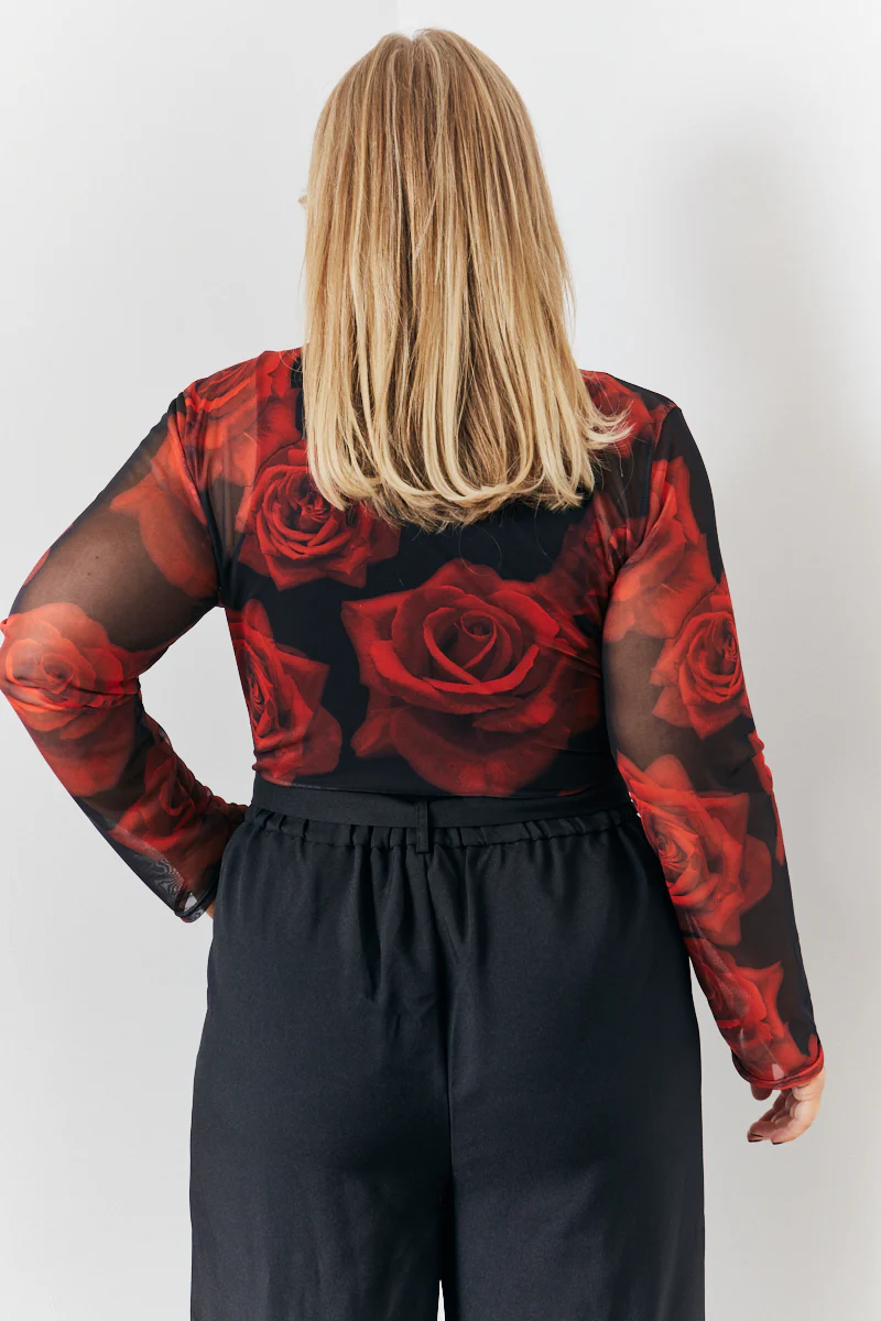 Mesh All Over Rose Print Long Sleeve Top - Image 2