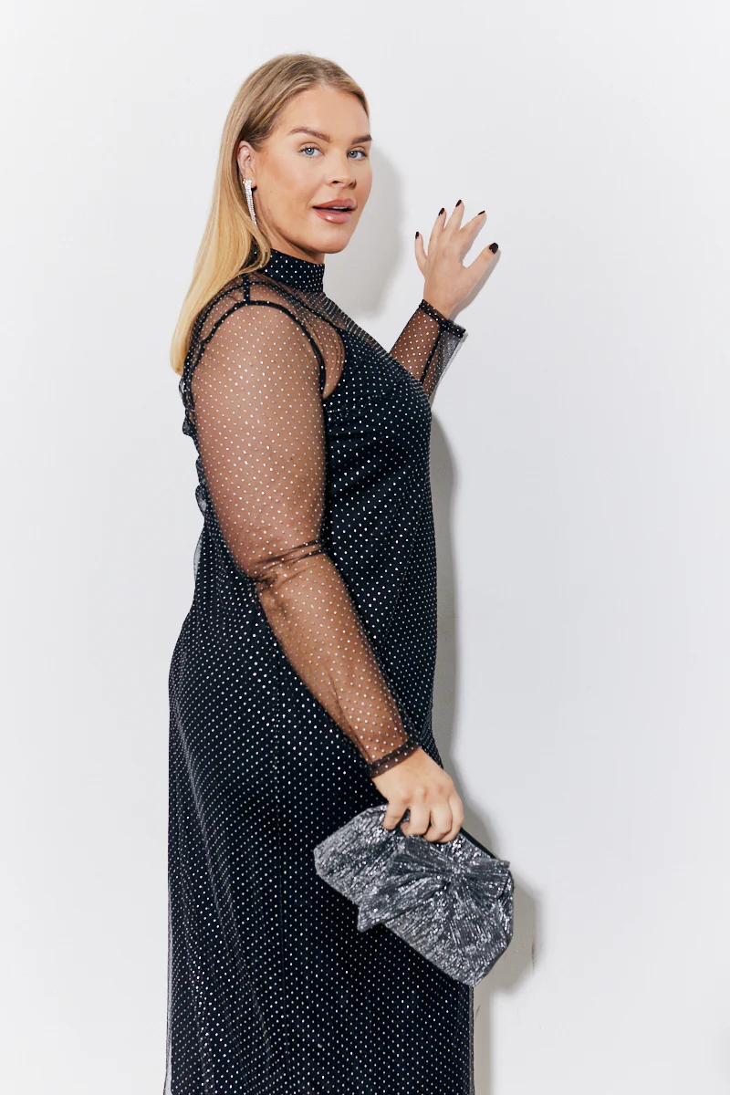 Black Mesh Metallic Detail Maxi Dress with Removable Jersey Slip Dress - Image 4