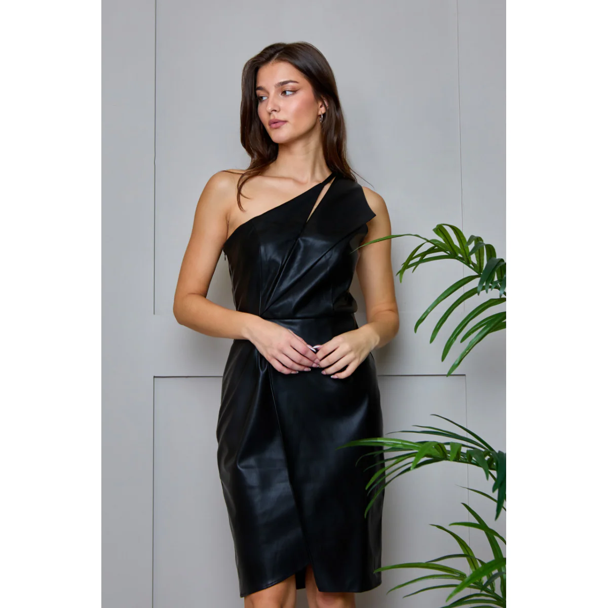 One Shoulder PU Cut Out Mini Dress in Black - Image 3