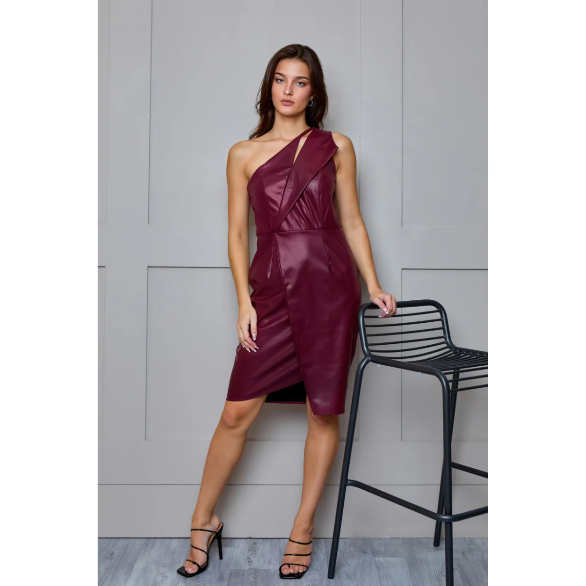 One Shoulder PU Cut Out Mini Dress in Purple - Image 3