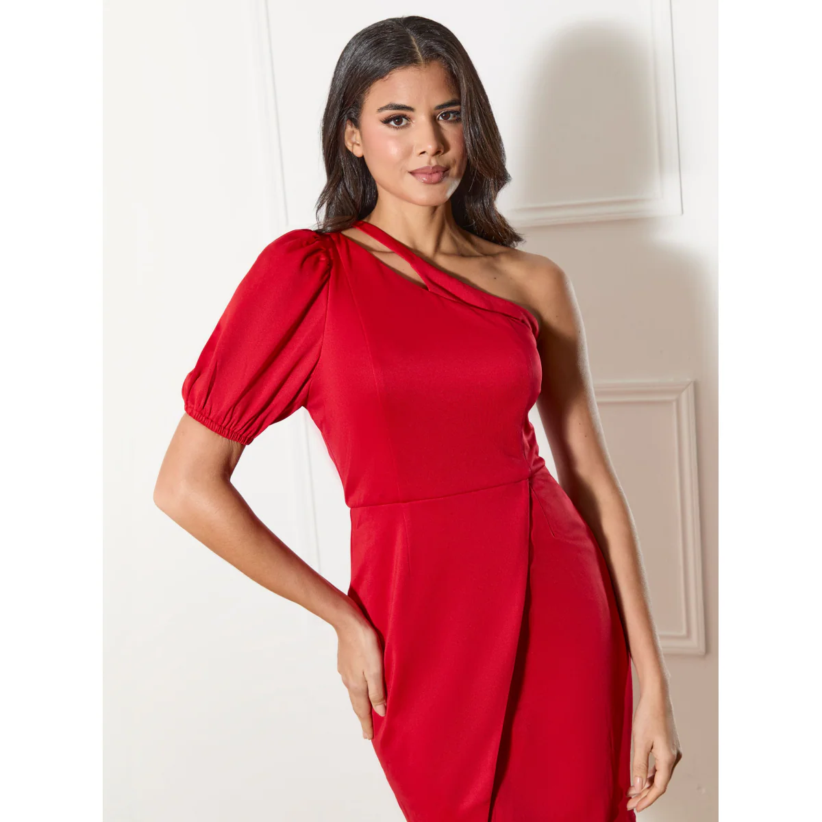 One Shoulder Puff Sleeve Bodycon Mini Dress in Red - Image 5