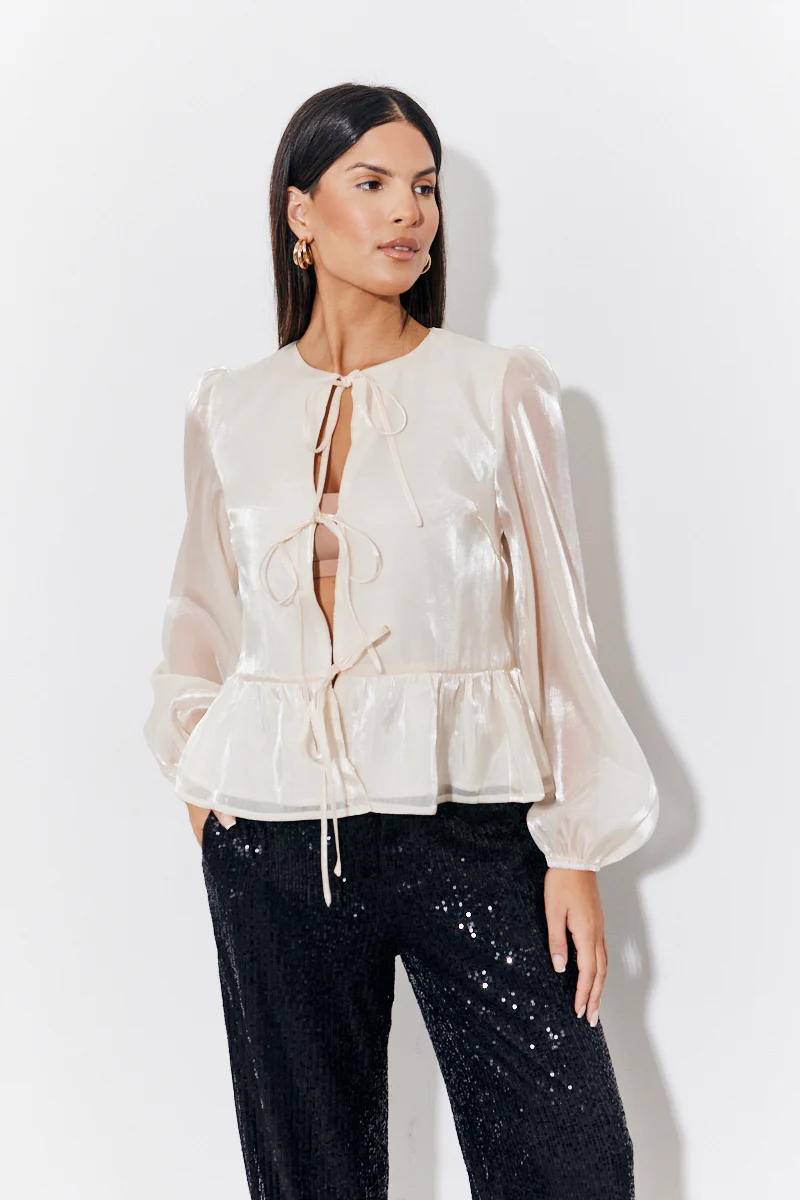 Cream Organza Tie Front Puff Sleeve Top