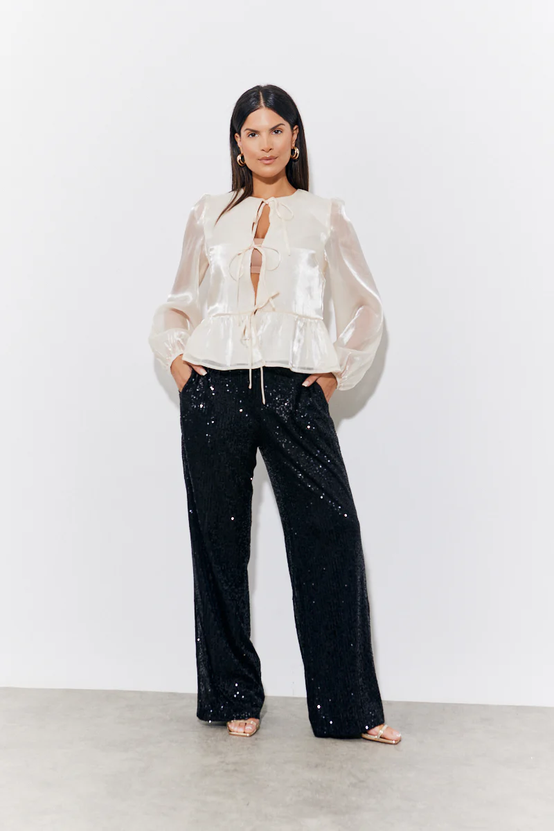 Cream Organza Tie Front Puff Sleeve Top - Image 2