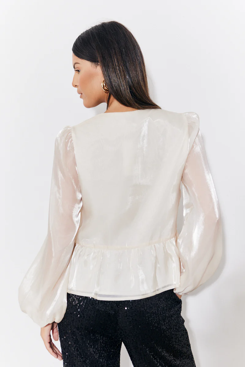 Cream Organza Tie Front Puff Sleeve Top - Image 3