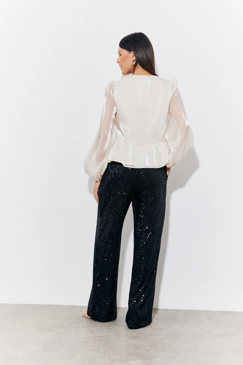 Cream Organza Tie Front Puff Sleeve Top - Image 4