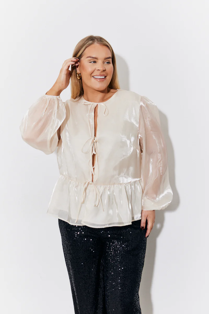 Cream Organza Tie Front Puff Sleeve Top - Image 5