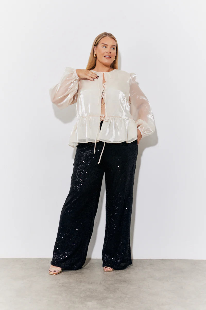 Cream Organza Tie Front Puff Sleeve Top - Image 6