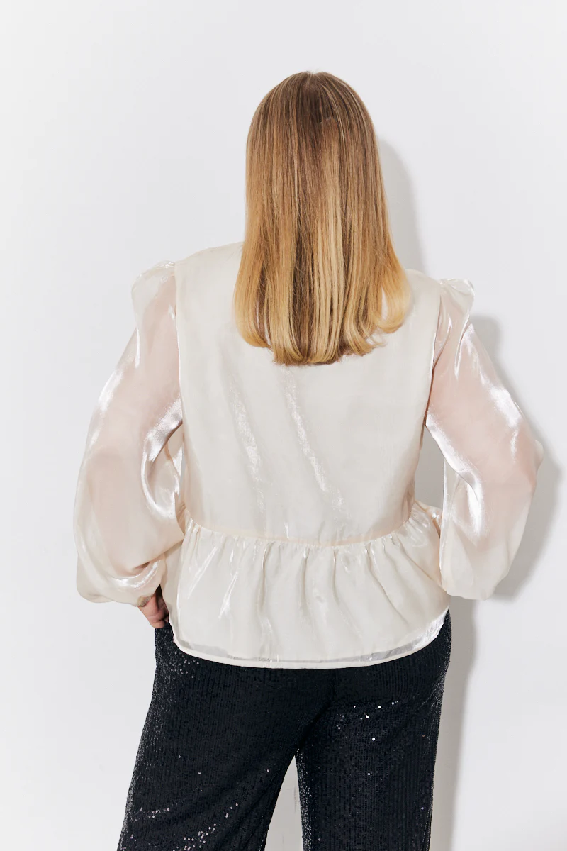 Cream Organza Tie Front Puff Sleeve Top - Image 7