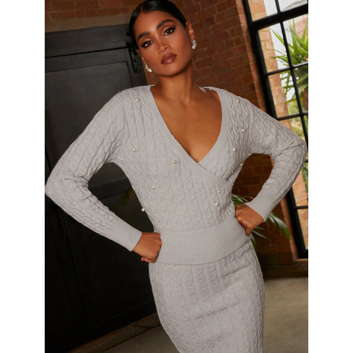 Pearl Detail Cable Knit Wrap Style Jumper in Grey - Image 2