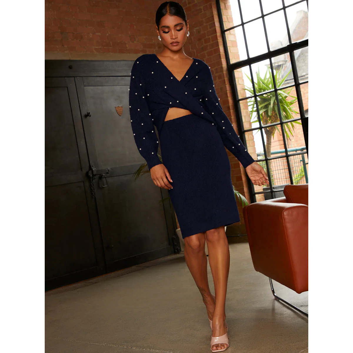 Pearl Detail Twist Front Knitted Midi Dress in Navy - Image 2