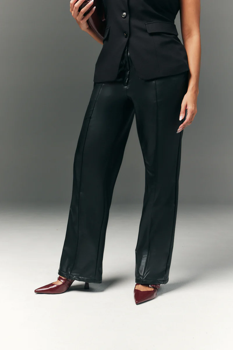 Perfect Sculpting High Waisted Leather Look Straight Leg Trouser - Image 3