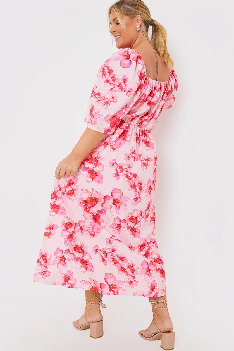 PINK FLORAL FLUTTER SLEEVE MIDAXI DRESS - Image 3