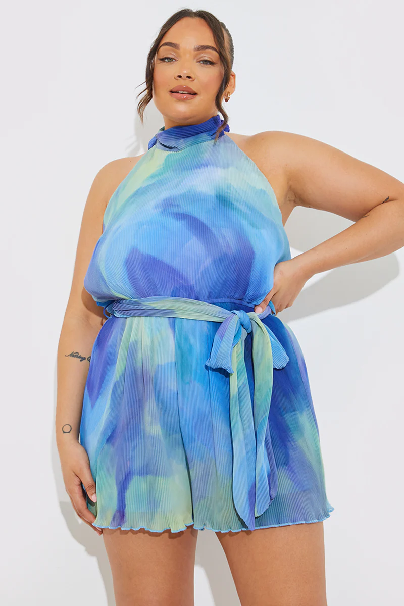 Plisse Abstract Halterneck Belted Playsuit - Image 5