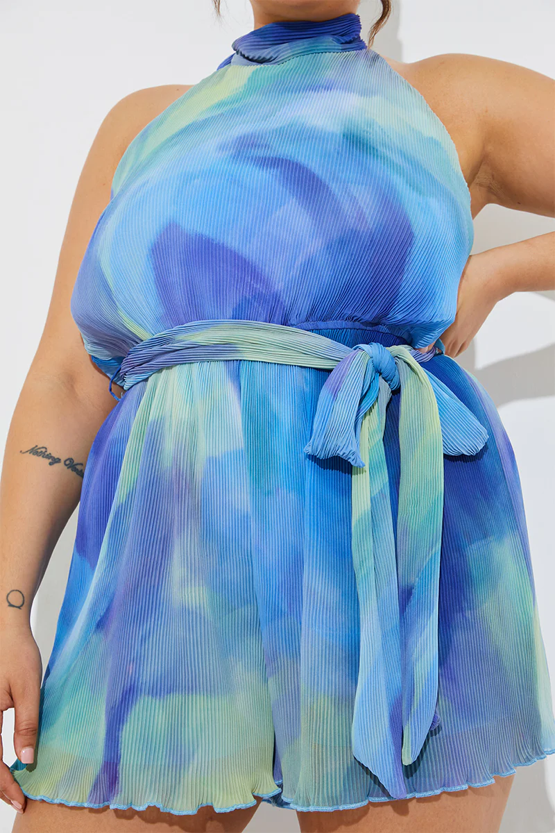 Plisse Abstract Halterneck Belted Playsuit - Image 7