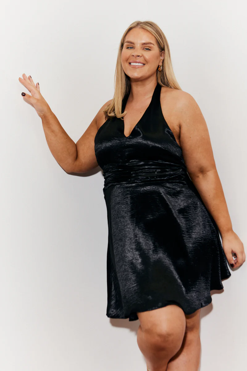 Plunge Halterneck Tie Back Satin Mini Dress - Image 4