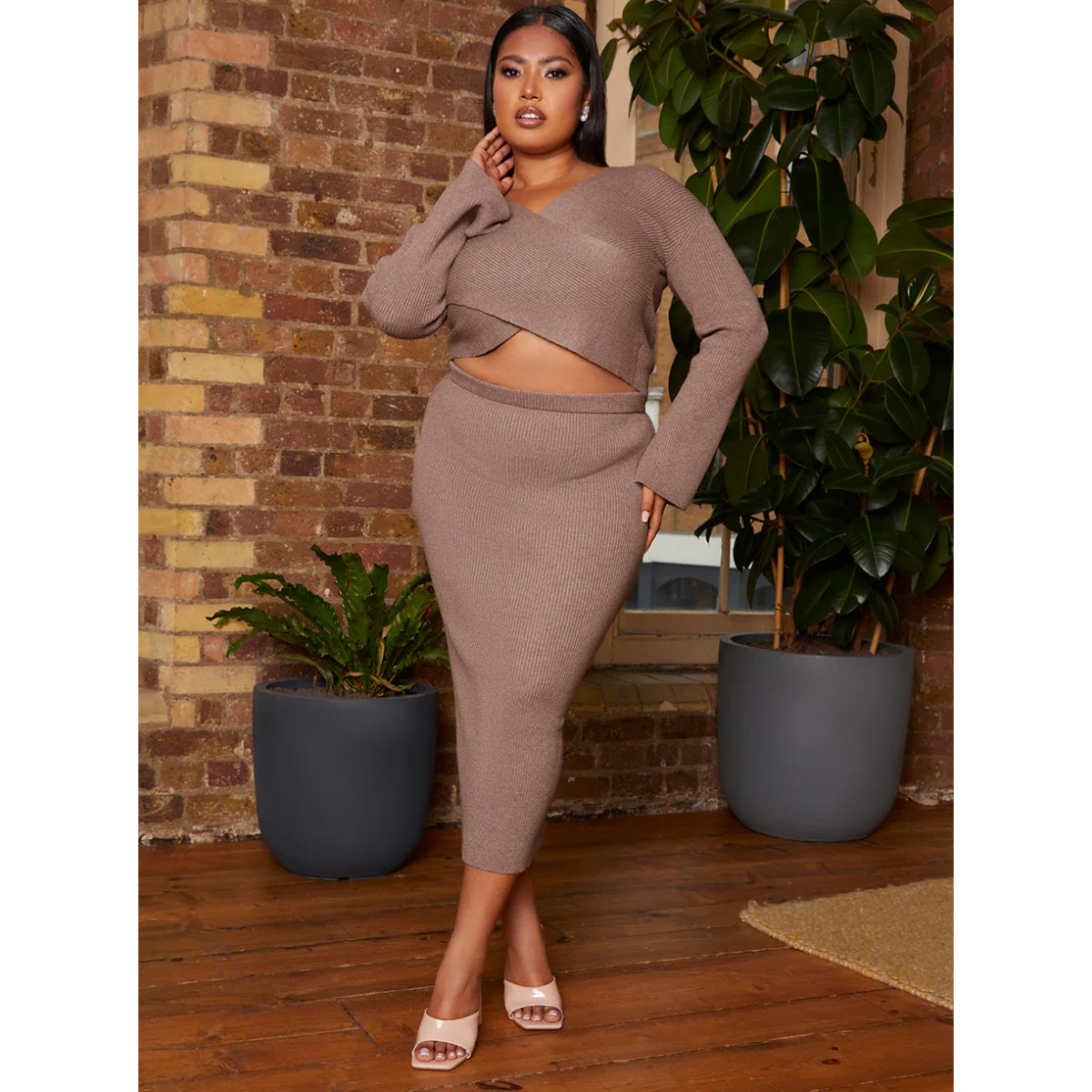 Plus Size Flute Sleeve Wrap Detail Rib Knit Top in Mocha - Image 2