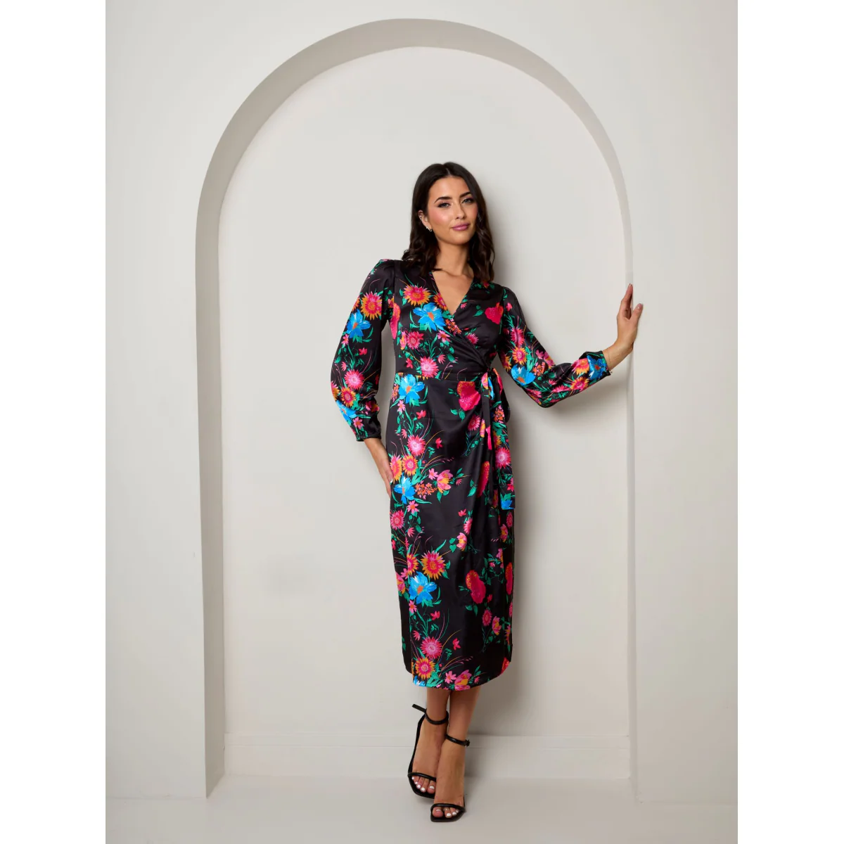 Plus Size Long Sleeve Floral Wrap Dress in Black - Image 3