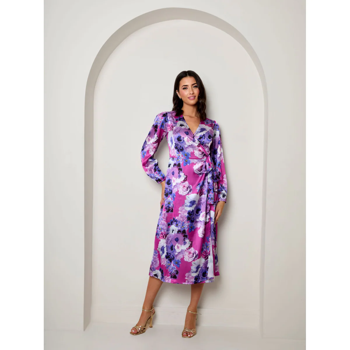 Plus Size Long Sleeve Floral Wrap Dress in Purple - Image 3