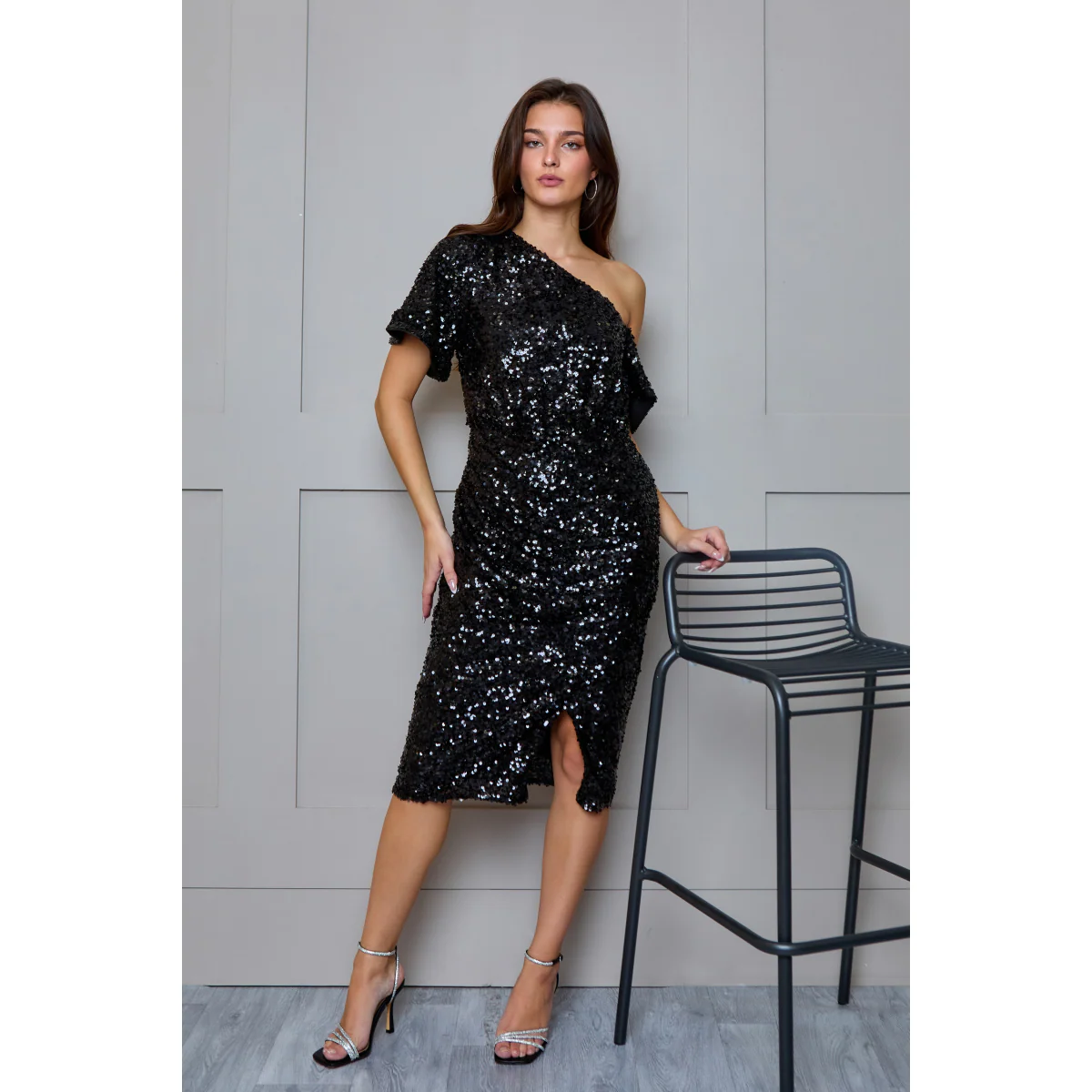 Plus Size One Shoulder Ruched Sequin Midi Dress in Black - Image 3